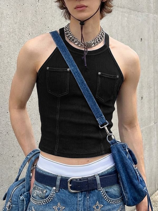 Men's Vintage Ribbed Slim Fit Cropped Utility Tank SKUL55360