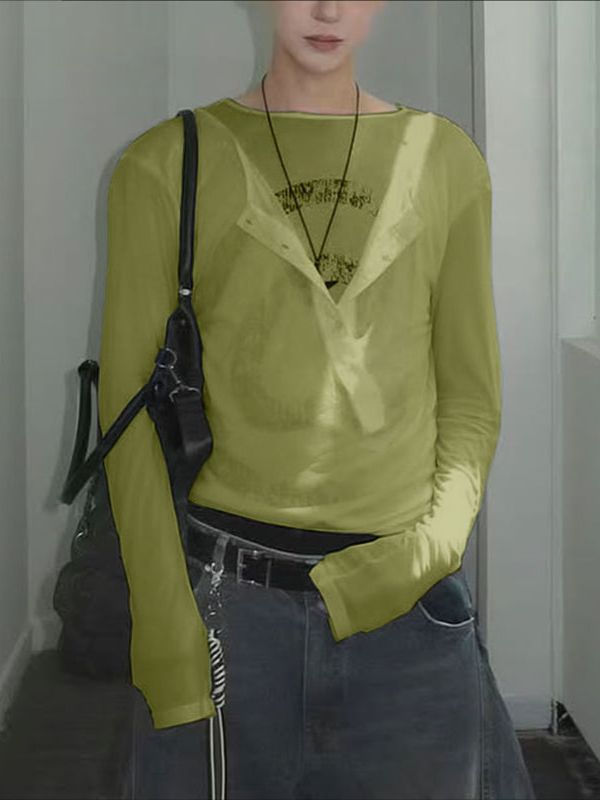 Men's Faux Two Piece Sheer Henley Neck Long Sleeve T-shirt SKUL41302