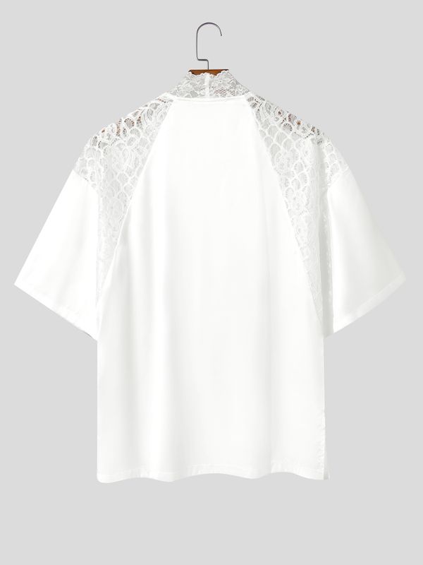 Men's Lace Sheer Shoulder Detail Cross-Collar Wrap Cardigan SKUL61195