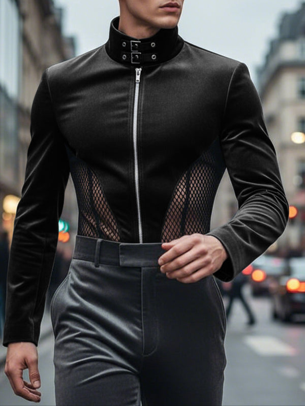 Men's Deconstructed Sheer Mesh Patchwork Design Long Sleeve T-Shirt SKUL49961