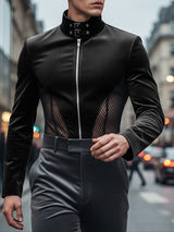 Men's Deconstructed Sheer Mesh Patchwork Design Long Sleeve T-Shirt SKUL49961