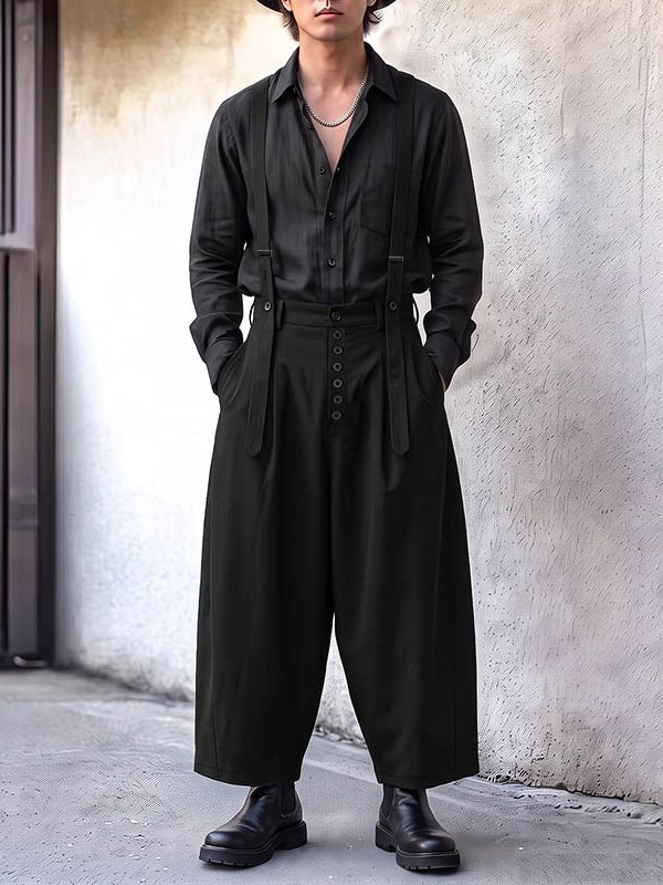 Men's Retro Gallery Suspender Straps Multi Button Fly High Waist Jumpsuit SKUL82398