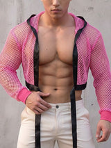 Men's Clubwear Neon Fishnet Mesh Tie-Front Cropped Cardigan SKUL76399