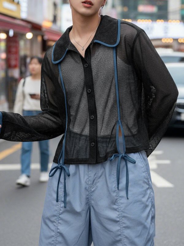 Men's Sheer Fine Mesh Contrast Trim Lace Up Long Sleeve Shirt SKUL48012