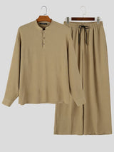 Men's Retro Beach Vacation Cotton Linen Blend Drawstring Waist Two Pieces Outfit SKUL84572
