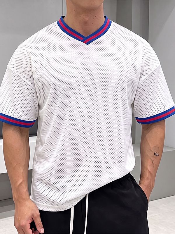 Men's Retro Athletic Mesh Breathable Contrast Striped Trim V-Neck T-shirt SKUL73695
