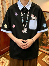 Men's Preppy Playful Unicorn Print Contrast Checked Polo Shirt SKUL70204
