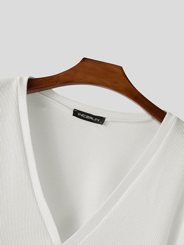 Men's Solid Color Textured V Neck Long Sleeve T-shirt SKUL48715