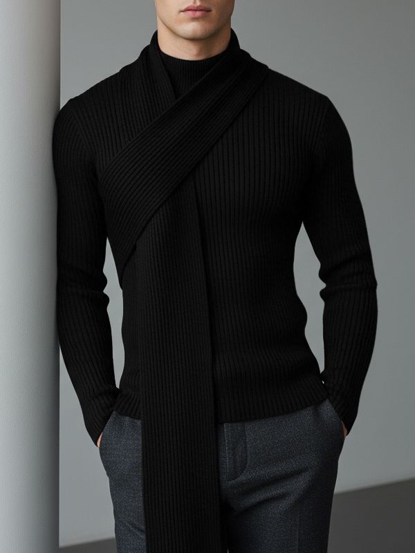 Men's Textured Knit Neck Warmer Long Sleeve Sweater SKUL43817