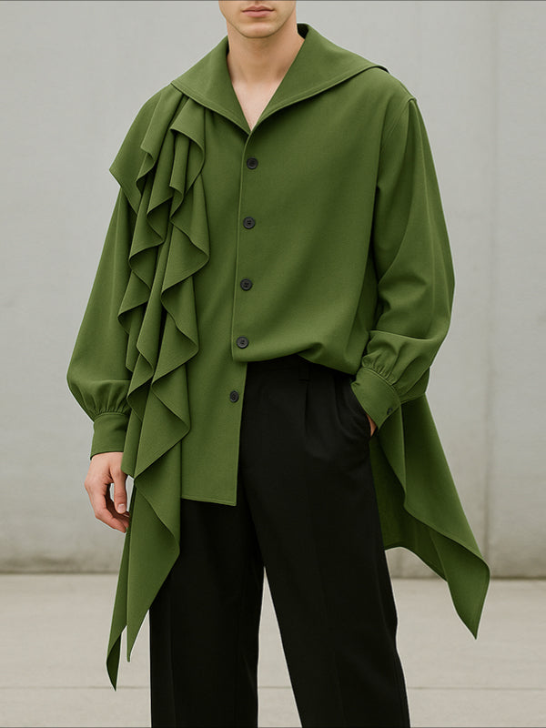 Men's Solid Color Ruffled Patchwork Long Sleeve Shirt SKUL35019