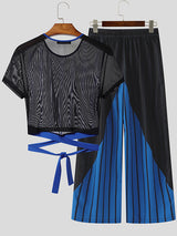 Men's Striped Sheer Mesh Cropped Two Pieces Outfit SKUL23456