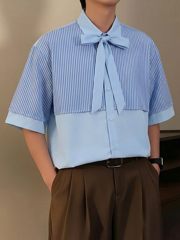 Men's Striped Patchwork Contrast Color Short Sleeve Shirt SKUL53039