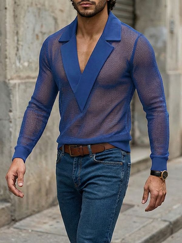 Men's Sheer Mesh V Neck Long Sleeve T-shirt SKUL54086