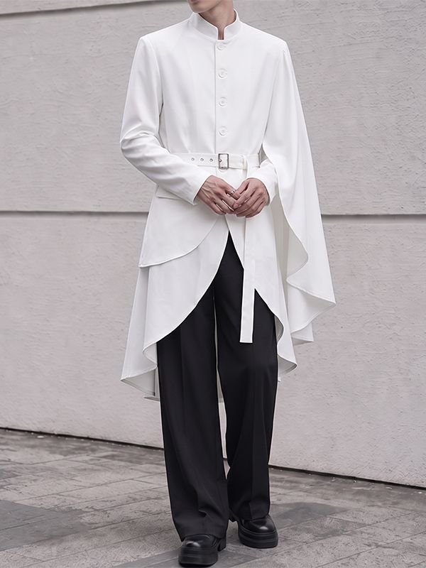 Men's Avant-Garde Runway Asymmetrical Cape Cloak Tiered Layered Hem Belted Long Sleeve Stand Collar Blazer SKUL78341