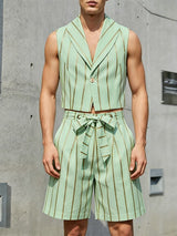 Men's Avant-Garde Striped Cropped Lapel Two Pieces Outfit SKUL61886