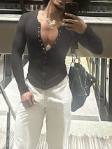 Men's Minimalist Textured Deep V Neck Long Sleeve T-shirt SKUL46565