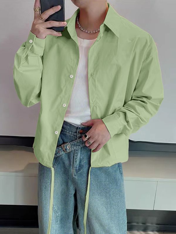 Men's Solid Color Drawstring Long Sleeve Shirt SKUL39794