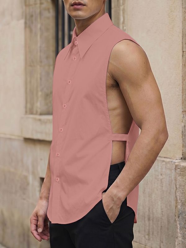 Men's Avant-Garde Pointed Collar Open Side Strap Detail Sleeveless Shirt SKUL68073