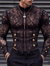[Pre-order] Men's Sexy Dandy Evening Gala Floral Lace Zip Front Gold Button Pointed Hem Shirt SKUL89909