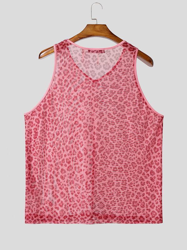 Men's Sexy Resort Leopard Print Contrast Trim V-Neck Tank SKUL73710