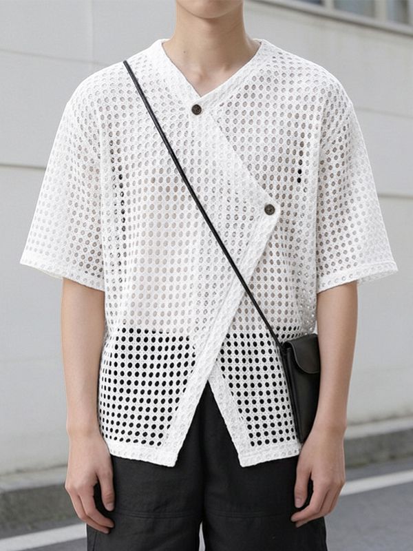 Men's Asymmetric Sheer Mesh Short Sleeve Shirt SKUL60239