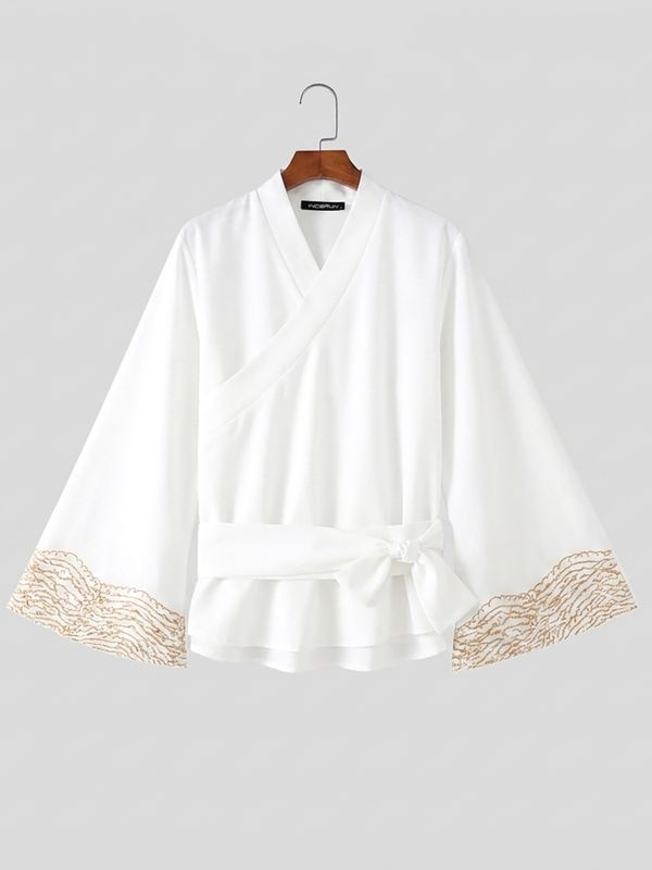 Men's Retro Resort Wave Embroidery Belted Wide Long Sleeve V-Neck Cardigan SKUL78345