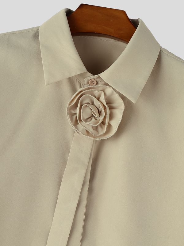 Men's Avant-Garde 3D Fabric Flower Rosette Collar Dropped Shoulder Wide Sleeve Shirt SKUL69619