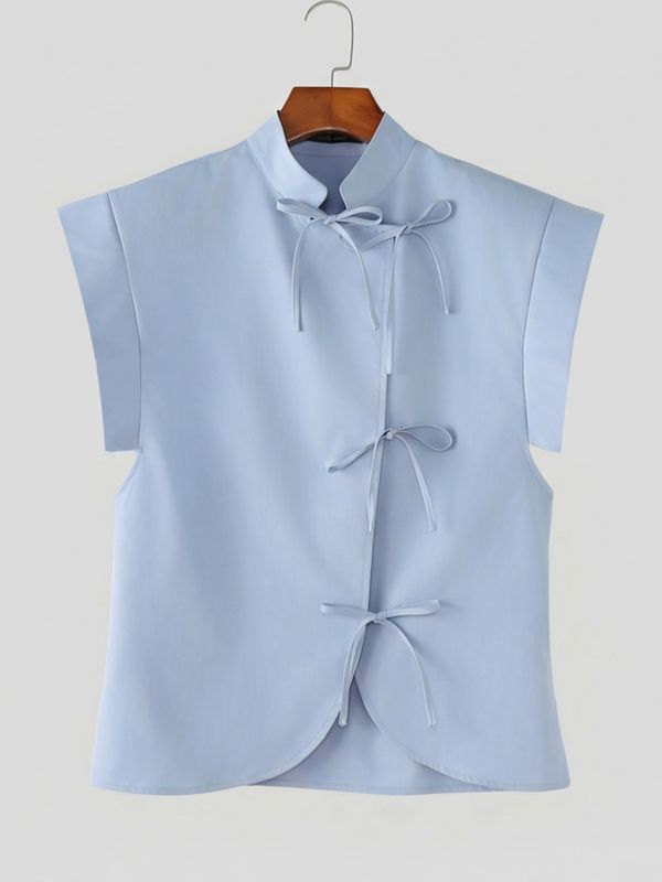 Men's Vintage Modern Chinese Slant Placket Tie-Knot Mandarin Collar Cap-Sleeve Shirt SKUL64088