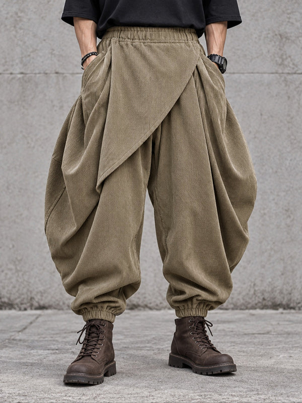 [Pre-order]Men's Avant-Garde Darkwear City Walk Asymmetric Wrap Apron Corduroy Harem Pant SKUL88492