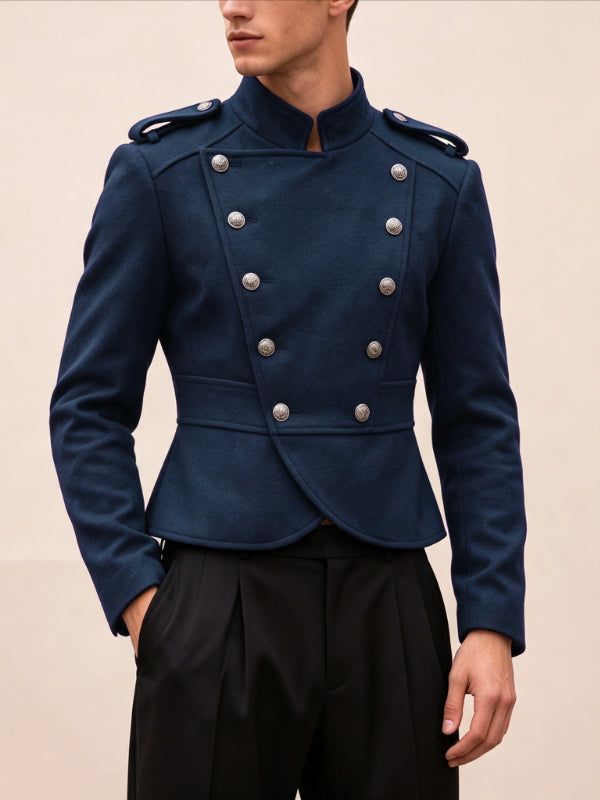 Men's Retro Party Double-Breasted Military Button Epaulet Long Sleeve Stand Collar Jacket SKUL80461