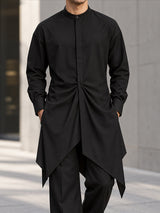 [Pre-order] Men's Zen Minimalist Tea Gathering Waist Gathering Pleated Asymmetric Pointed Hem Stand Collar Shirt SKUL89083