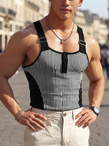 Men's Vintage Striped Color Block Buckle Strap Square Neck Fit Tank SKUL73602