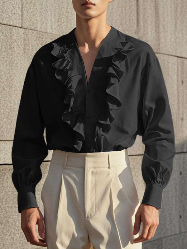 Men's Solid Color Ruffle Patchwork Long Sleeve Shirt SKUL42709