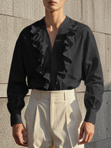 Men's Solid Color Ruffle Patchwork Long Sleeve Shirt SKUL42709
