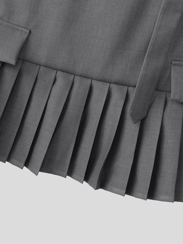 Men's Avant-Garde Asymmetric One-Shoulder Buckle Strap Pleated Peplum Skirt SKUL62715