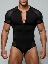Men's Sheer Mesh Patchwork Short Sleeve Bodysuit SKUL48682