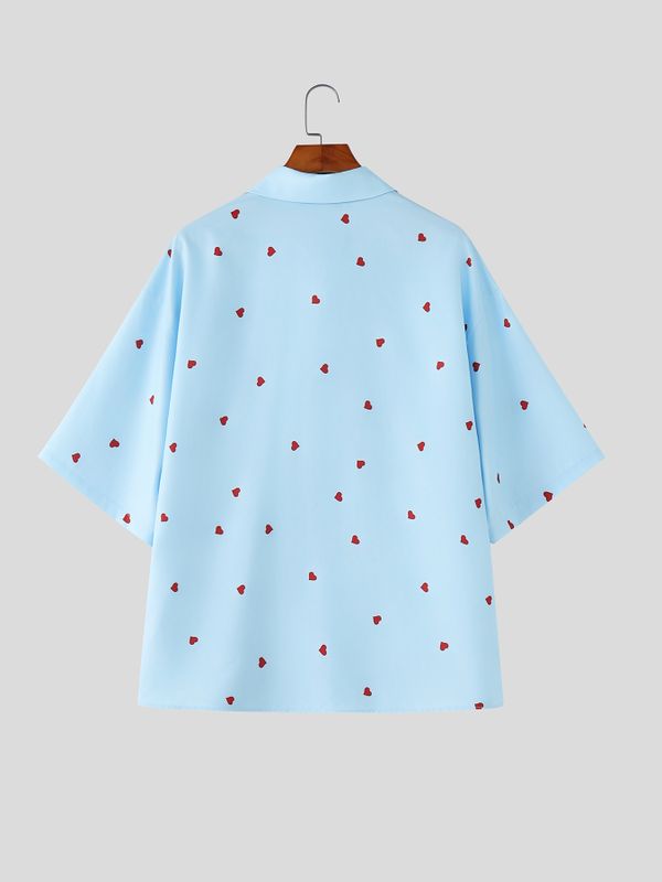 Men's All-Over Mini Heart Print Casual Cuban Collar Short Sleeve Shirt SKUL66955