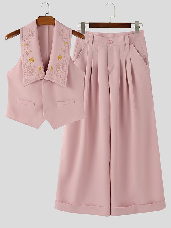 Men's Floral Embroidery Turn Down Collar Two Pieces Outfit SKUL38945