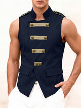 Men's Retro Stage Performance Military Frog Button Epaulet Pointed Hem Sleeveless Stand Collar Waistcoat SKUL84566