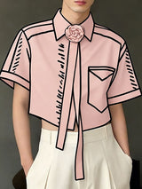 Men's Trendy 2D Comic Style Rose Tie Ribbon Cropped Short Sleeve Shirt SKUL55275