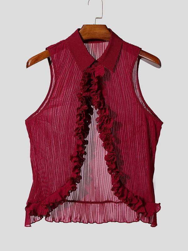 Men's Avant-Garde Pleated Ruffle Trim Deep V-Neck Lapel Tank SKUL60600