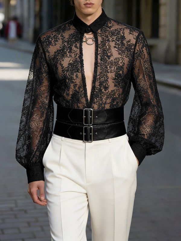Men's Leather Strap Sheer Lace Long Sleeve Shirt SKUL47892
