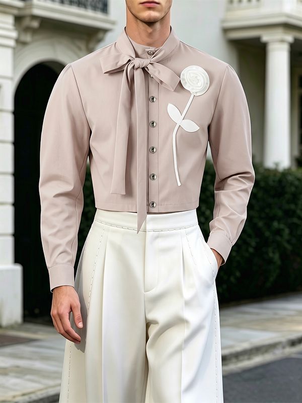 Men's Avant-Garde Runway 3D Rose Flower Applique Cascading Bow Tie Long Sleeve Waist Length Cropped Jacket SKUL81826