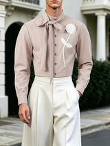 Men's Avant-Garde Runway 3D Rose Flower Applique Cascading Bow Tie Long Sleeve Waist Length Cropped Jacket SKUL81826