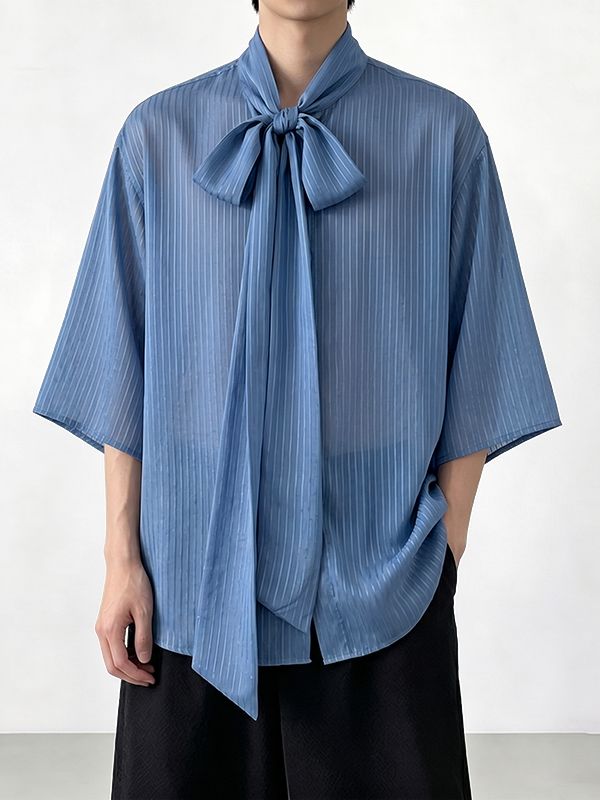 Men's Avant-Garde Sheer Pinstripe Pussy-Bow Neck Ties Oversized Short Sleeve Shirt SKUL66224