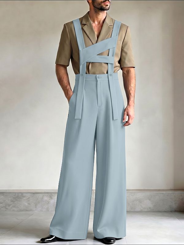 Men's Avant-Garde Deconstructed Cross-Strap High-Waist Wide-Leg Jumpsuit SKUL73615