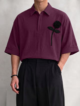 Men's Smart Chic Art Exhibition 3D Rose Flower Crinkle Textured Lapel Polo Shirt SKUL85957