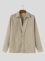 Men's Retro Urban Casual Textured Patch Pocket Drop Shoulder Long Sleeve Camp Collar Shirt SKUL81830