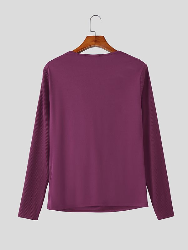 Men's Textured Patchwork Draped Neck Long Sleeve T-shirt SKUL52670