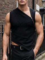 Men's Deconstructed Avant-Garde Asymmetric Diagonal Zipper Paneled Tank SKUL68059